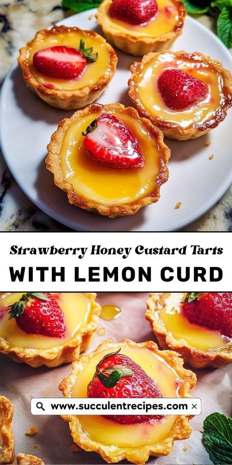 These Elegant Strawberry Honey Custard Tarts with Lemon Curd are a beautiful combination of sweet and tangy flavors. Perfect for any holiday gathering, they’re sure to impress your guests. Citrus Tart Recipe, Tea Party Tarts, Lemon Curd Recipe Easy Desserts, Tart Recipes Mini, Tart Recipes Dessert, Curds Recipes, Tarts Recipe Dessert, Mini Custard Tarts, Recipes Using Lemon Curd