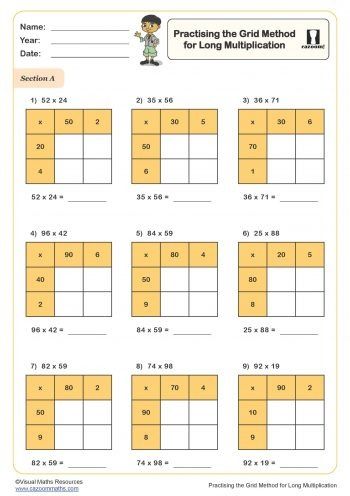 Practising the Grid Method for Long Multiplication Worksheet Year 9 Maths Worksheets, Ks3 Maths Worksheets, Year 8 Maths Worksheets, Ks1 Maths Worksheets, Year 6 Maths Worksheets, Year 2 Maths Worksheets, Year 5 Maths Worksheets, Year 7 Maths Worksheets, Year 4 Maths Worksheets