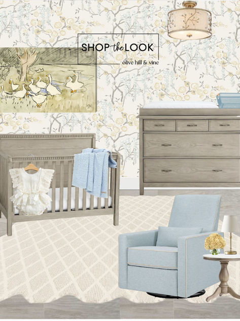 Whimsical vintage duck nursery featuring soft yellow and blue tones, floral wallpaper, a cozy swivel glider, elegant crib with crown molding, and playful duck-themed decor. Ducks Nursery Theme, Little Duckling Nursery, Pond Nursery Theme, Pond Nursery, Blue And Green Nursery, Duckling Nursery, Scalloped Lamp, Branches Wallpaper, Duck Nursery