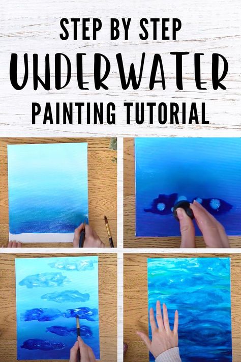 How to easily paint an underwater background using acrylic paints and inks. This background is perfect for underwater animal paintings such as sea turtles! Underwater Animals Painting, How To Paint An Underwater Scene, Painting Underwater Scenes, How To Paint Underwater, Acrylic Painting Underwater, Under The Sea Painting Easy, Background Painting Tutorial, Underwater Art Painting, Underwater Acrylic Painting