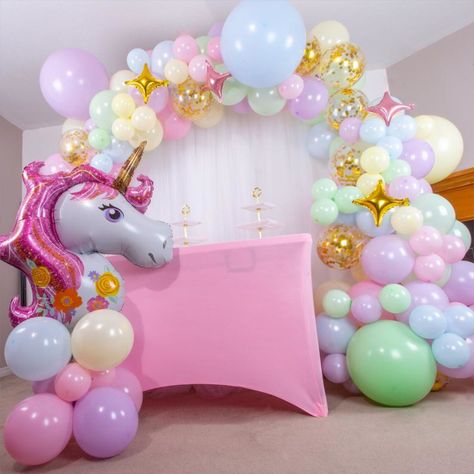 Unicorn Balloon Arch, Unicorn Balloon Garland, Rainbow Balloon Arch, Birthday Decorations At Home, Rainbow Garland, Unicorn Balloon, Pastel Balloons, Purple Balloons, Rainbow Balloons