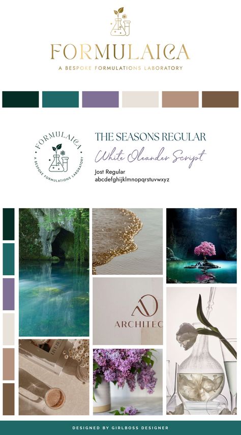 Luxury Brand Colors Inspiration, Luxurious Branding, Gold Purple Green Color Palette, Spiritual Color Palette, Purple Teal Gold Color Palette, Green Branding Design, Purple And Gold Color Palette, Neutral Branding Color Palette, Dark Green Branding Design