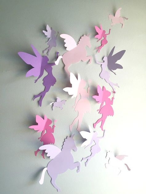 Whimsical Nursery Decor, Origami Wall Art, Girls Bedroom Sets, Unicorn Wall Decal, 3d Unicorn, Fairy Bedroom, 3d Wall Decals, Fairy Room, Wall Art Paper