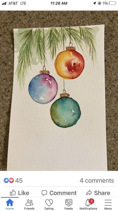 Christmas Ornaments Watercolor, Christmas Cards Aquarel, Easy Christmas Watercolor, Watercolor Card Ideas, Watercolor Ornaments, Joululahjat Diy, Watercolor Christmas Cards Diy, Ornament Watercolor, Painted Christmas Cards