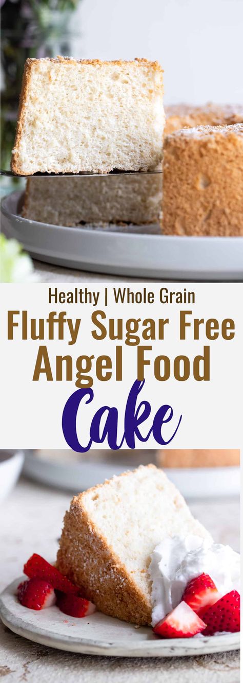 Sugar Free Angel Food Cake - This whole grain, healthy and sugar free Angel Food Cake is light, fluffy and tender! It tastes better than boxed mixes and is just as easy to make! You'll never believe it's lower carb and 50 calories! | #Foodfaithfitness | #Lowcarb #sugarfree #healthy #angelfoodcake #cake Low Calorie Angel Food Cake Recipes, Low Calorie Angel Food Cake, Sugar Free Angel Food Cake Recipe, Sugar Free Angel Food Cake, Weight Warchers, Lighter Desserts, Ww Deserts, Angel Food Cake Mix, Sugar Free Cake Recipes