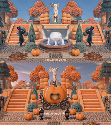 Fountain Acnh, Acnh Halloween Island Ideas, Fall Town, Urban Island, Motif Acnl, Autumn Animals, Animal Crossing 3ds, Ac New Leaf, Animal Crossing Guide