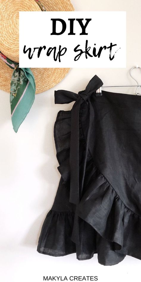 Black linen wrap skirt with curved hem frill and tie up waistband hanging on the wall next to a straw hat. Sewing Patterns Beginner Easy Projects, Skirt Sowing Pattern, Easy Things To Sow For Beginners, Short Wrap Skirt Pattern, Sewing Skirt Ideas, Linen Skirt Pattern Free, Sewing A Skirt For Beginners, Easy Wrap Skirt Pattern, Skirt Sewing Ideas