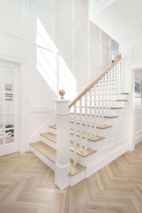 Nov 27, 2019 - I have struggled with our foyer entrance since we moved into our home three years ago. The space is enormous and very grand with a ton of potential. But my budget for the space is not very grand so I need to figure out how to get the most bang for my buck. We have… Continue reading → Herringbone Floors, English Farmhouse, Foyer Entrance, Herringbone Wood Floor, Herringbone Wood, White Oak Hardwood Floors, Stairs Design Modern, Glass French Doors, Herringbone Floor