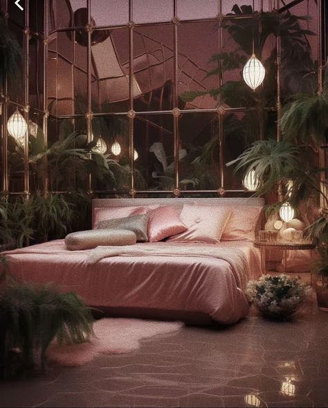 Pink And Green Velvet Bedroom, 80s Penthouse Apartment, 80s Pink Interior, 80s House Aesthetic Kitchen, 80s Glam Interior Design, Pink 80s Bedroom, 80s Bedroom Aesthetic Pink, 80s Luxury Penthouse, 80s Luxury Bedroom