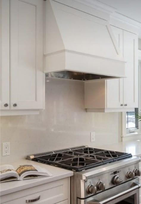 White Hood Ranges Kitchen, Vent Hoods Kitchen Shaker Cabinets, Cafe Vent Hood, Shaker Kitchen Hood Ideas, Oven Range Hood Ideas White Kitchens, Cabinetry Range Hood, White Kitchen Stainless Hood, Kitchen Cabinet Hood Designs, Hood Vent Cabinet