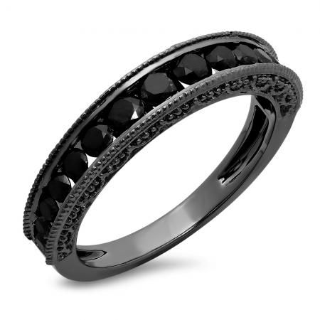 0.85 Carat (ctw) Black Rhodium Plated 10K White Gold Black Diamond Vintage Style Bridal Anniversary Wedding Band White Wedding Ring, Black Diamond Wedding Rings, Vintage Wedding Jewelry, Stacked Wedding Rings, Anniversary Wedding Band, Black Wedding Rings, Black Diamond Ring Engagement, White Gold Wedding Rings, Black Diamond Ring