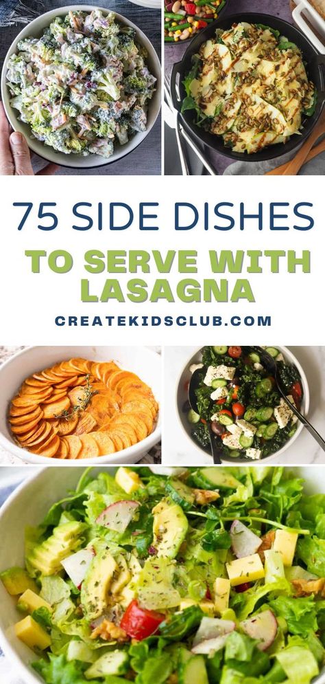 Check out our collection of 75 side dish ideas to help you plan dinner. These gluten-free side dish recipes solve the question of what goes with lasagna. Lasagna is often hearty enough to serve all on its own, but who doesn’t love a larger spread with a few classic side dishes? Garlic knots, roasted vegetables, Brussels sprouts, garlic bread… the list of possibilities goes on and on! Upgrade lasagna night and impress everyone around the dinner table. What To Serve With Lasagna Dinners, Side Dishes To Go With Lasagna, Sides With Lasagna Ideas, Side Dish With Lasagna, Lasagne Side Dishes, Side Dish For Lasagna Ideas, Side Dishes With Lasagna, Lasagna Sides Dishes, Side Dishes For Lunch