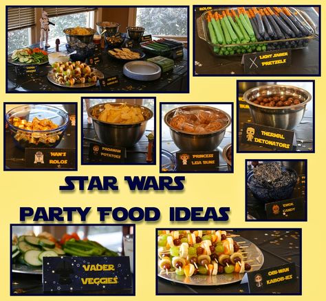 After planning the games and activities for my son's 5th Star Wars Birthday Party, the food was definitely next on the list!  There were so many great ideas on Pinterest for Star Wars themed food.  I Star Wars Party Ideas, Star Wars Party Food, Party Ideas Food, Bacon Food, Star Wars Baby Shower, Star Wars Theme Party, Star Wars Food, May The Fourth Be With You, Party Food Ideas