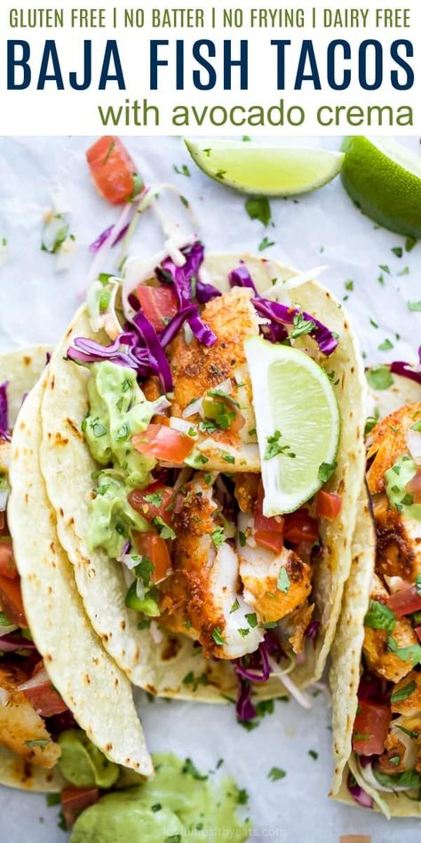 Fish Tacos With Cabbage, Lime Slaw, Fish Taco Sauce, Baja Fish Tacos, Cilantro Lime Slaw, Healthy Dinner Recipe, Avocado Crema, Fish Tacos Recipe, Fish Dinner