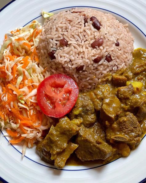 Jamaican Curry Goat, Curry Goat, Jamaican Curry, Jamaican Food, Rice And Beans, Food Items, Rice, Salad