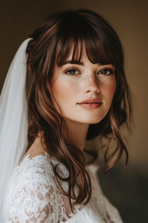 Make your bridal look unforgettable with these 25 statement-making curtain bangs hairstyles! From romantic waves to dramatic, swept-back styles, these ideas are sure to wow. Add instant glamour to your wedding day look. See all the gorgeous options! #weddingstyle #bridehairstyles #bridalinspo2024 Bangs Bridal Hair, Bridal Hair With Bangs, Wedding Hair With Bangs, Wedding Hairstyles With Bangs, Curtain Bangs Hairstyles, Bridal Hair Ideas, Curly Bridal Hair, Wedding Hair Bangs, Backyard Ceremony