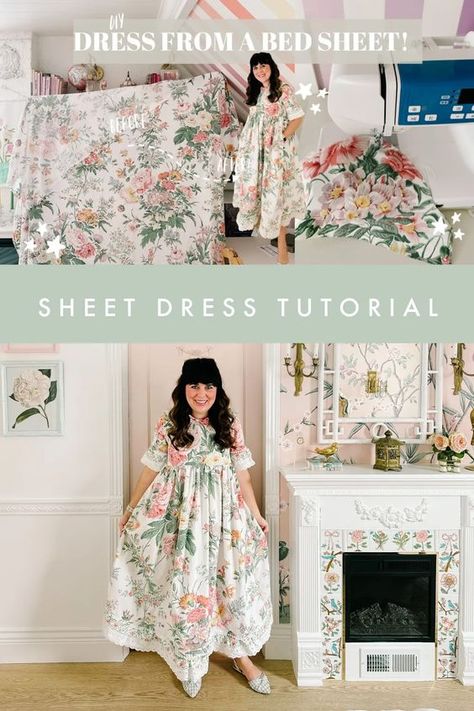 Cotton Sheet Dress, Easy Vintage Dress Pattern, Sewing With Bed Sheets, Bed Sheet Upcycle Clothes, Dress Out Of Sheets Diy, Clothes Made From Sheets, Sewing A T Shirt, Make Your Own Patterns From Clothes, Sheet Dress Pattern