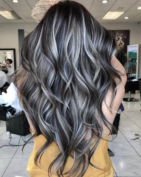 Gray Brown Hair With Silver Highlights Brown Hair With Silver Highlights, Grey Brown Hair, Grey Hair Color Silver, Silver Hair Highlights, Gray Balayage, Beauty Hairstyles, Silver Hair Color, Dark Hair With Highlights, Blending Gray Hair