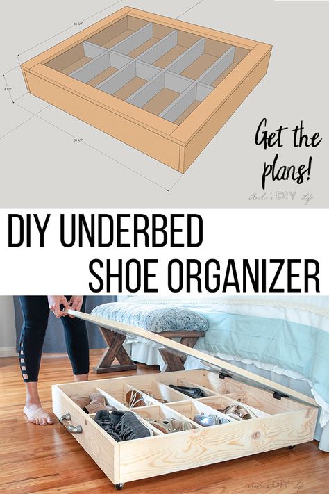 What a great idea! A covered DIY under bed shoe organizer with transparent top and dividers. It is surprisingly easy to make!  DIY under bed shoe storage idea! Using a drawer. Full how to build tutorial including woodworking plans and video tutorial. Great for organizing shoes in small spaces and bedrooms or closets! #AnikasDIYLife #woodworking #organization Under Bed Shoe Storage Ideas Diy, Diy Furniture Ideas Easy Bedroom, Easy Bedroom Diy, Under Bed Storage Ideas Diy, Under The Bed Shoe Storage, Diy Underbed Storage, Diy Under Bed Storage, Underbed Shoe Storage, Shoe Organization Ideas