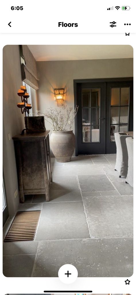 Stone Interior Floor, Kitchen With Stone Floor, Mediterranean Flooring Ideas, Tumbled Stone Floor, Living Room With Tile Floor, Stone Flooring Interior, Stone Floor Kitchen, Conservatory Makeover, Flagstone Floor