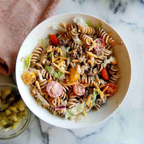 Jimmy Buffett Cheeseburger Pasta Salad | Front Range Fed Jimmy Buffet Salad, Jimmy Buffet Recipes, Jimmy Buffett Pasta Salad, Jimmy Buffet Pasta Salad Recipe, Jimmy Buffet Pasta Salad, Cowboy Pasta Salad, Cowboy Pasta, Easy Pasta Salad Recipes, Fried Cucumbers