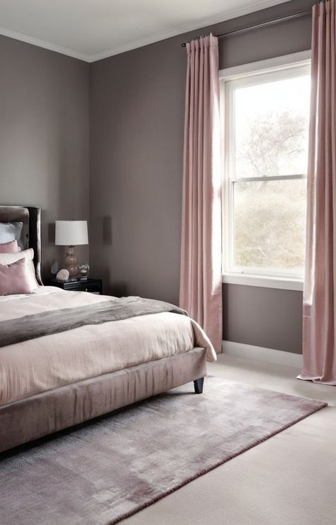 Create a modern and elegant bedroom by pairing gray walls with soft pink accents. Add a plush gray area rug and incorporate pink throw pillows and curtains for a chic and sophisticated look. Gray And Pink Bedroom Ideas, Bedroom With Pink Accents, Gray And Pink Bedroom, Gray Accent Wall Bedroom, Curtains For Grey Walls, Gray Bedroom Walls, Grey Accent Wall, Pink Bedroom Ideas, Gray Walls