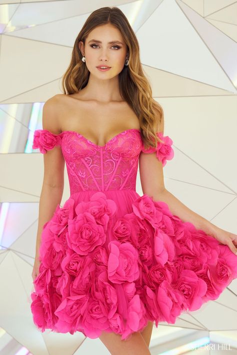 Off Shoulder Cocktail Dress, Formal Clothes, Classy Dresses, Barbie Makeup, Hot Pink Floral, Embellished Skirt, Lace Corset Top, Sherri Hill Prom Dresses, Prom Dress Stores