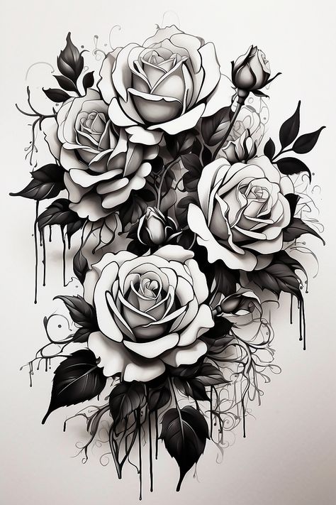 Tattoo Designs Drawings - Tattoo Designs Realistic - Tattoo Designs Man - Tattoo Designs Women - Tattoo Designs Dark  #TattooDesigns #TattooDrawings Rose Cluster Tattoo, Rose With Leaves Tattoo, Floral Tattoo Design Men, Flowers Sleeve Tattoo, Flower Tattoos For Men, Dark Flower Tattoo, Dark Rose Tattoo, Tattoo Designs Dark, Tattoo Designs Realistic