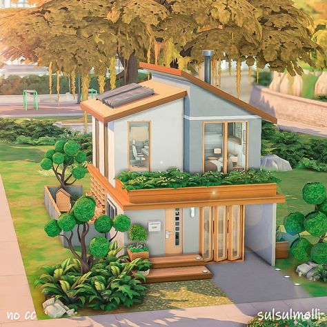 Sims 4 Modern Eco House, Micro Sims 4 House, Small Modern Home Sims 4, Sims 4 Eco Lifestyle Community Lots, Sims 4 Tiny House 2 Bedroom, The Sims Tiny House Ideas, Sims 4 Tiny House Floor Plans With Loft, Sims Tiny Living, Sims 4 Tiny Living House