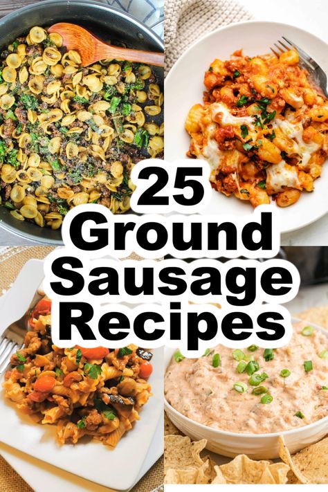 My roundup of easy ground sausage recipes can give you a quick dinner idea on weekdays or a perfect weeknight dinner! Ground sausage is a versatile ingredient that can turn any meal into a satisfying feast for the entire family. From hearty pasta meals to comforting casseroles, these recipes promise to delight your taste buds and make a satisfying meal every time! One Pot Meals With Sausage, Breakfast Ground Sausage Recipes, Meals Using Sausage, Quick Ground Sausage Recipes, Making Sausage From Ground Pork, Ground Breakfast Sausage Recipes Dinners, What To Make With Sausage Dinners, Sausage Ground Recipes, Dinner Ground Sausage