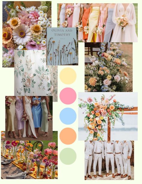 Whimsical Floral Arrangements Wedding, Garden Party Wedding Reception Food, Wildflower Wedding Color Pallet, Wedding Mood Board Ideas Summer, Whimsical Garden Wedding Color Palette, Fun Wedding Color Schemes, Spring Mexican Wedding, Midsummer Wedding Theme, Colorful Wedding Color Schemes