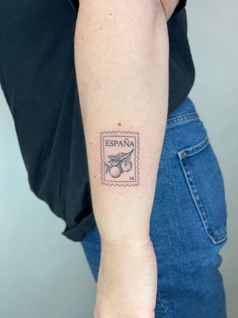 Spain Small Tattoo, Spaniard Tattoo Ideas, Madrid Spain Tattoo, Spain Travel Tattoo, Orange Post Stamp Tattoo, Madrid Stamp Tattoo, Orange Postage Stamp Tattoo, Spain Postage Stamp, Spain Tatoos Ideas