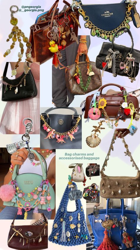 A collage showcasing various bags adorned with a variety of decorative charms and accessories. The bags range from luxury brands like Coach and Louis Vuitton to trendy handcrafted pieces, each customized with colorful charms, keychains, and embellishments. The image captures a diverse mix of styles, highlighting how bag charms can transform any accessory into a unique fashion statement. Diy Bag Charm, Stylish School Bags, Accessorize Bags, Swag Bag, Girly Bags, Vintage Keys, Bag Charms, Chic Bags, Handbag Charms