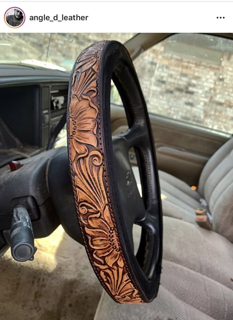 Handmade Leather steering wheel cover Tooled Steering Wheel Cover, Leather Wheel Cover, Cute Steering Wheel Covers Aesthetic, Truck Interior Ideas Diy, Western Leather Steering Wheel Cover, Western Jeep Interior, Leather Truck Accessories, Truck Headliner Ideas Western, Western Truck Interior Decor