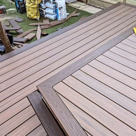 Oilcanfinish Outdoor Living on Instagram: "Going to be a beauty. Trex Transcend Composite Decking in Spiced Rum picture frames going in now with Starborn Pro Plug system and perfectly complementing the Trex Toasted Sand main deck colour. More to come.  #trexdeck #trexprogold #compositedecking #deckingbuilder #deckingcompany" Trex Decking Designs, Trex Toasted Sand Deck, Trex Enhance Toasted Sand, Trex Coastal Bluff Vs Toasted Sand, Trex Deck Toasted Sand, Deck Inlay Designs, Toasted Sand Trex Decking, Trex Toasted Sand Decking, Trex Composite Decking Colors