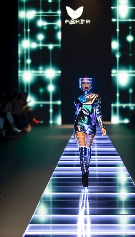 Holographic Elegance: Futuristic Fashion on the Neon Runway Holographic Elegance: Futuristic Fashion on the Neon Runway✨ A sleek, holographic gown with LED patterns, walking on a neon-lit runway. Cyber chic meets avant-garde in this high-tech fashion show. Ultra-modern elegance. 🌟🌐 #FuturisticFashion #HolographicGown #CyberChic #NeonRunway Holographic Gown, Futuristic Club, Futuristic Elegance, High Tech Fashion, Club Ideas, Futuristic Fashion, Tech Fashion, Ultra Modern, Modern Elegance