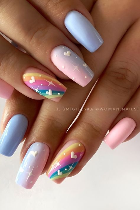 30 Colorful Rainbow Nail Ideas To Instantly Brighten Up Your Mood Rainbow Nail Art Designs, Fall Leaves Nail Art, Sunflower Nail Art, Rainbow Nails Design, Rainbow Nail Art, August Nails, Sunflower Nails, Summery Nails, Thanksgiving Nails