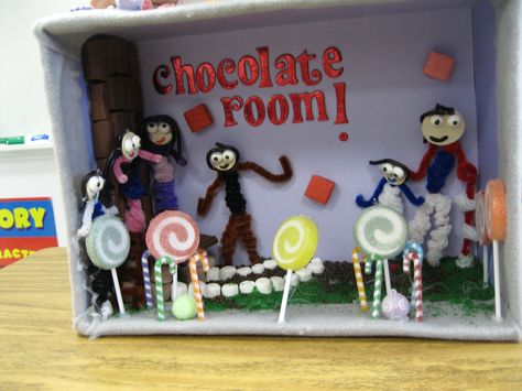 After reading Charlie and Chocolate Factory, my students recreate their favorite room from the book in a diorama.  The materials that they use are of their choosing.  They are not allowed to base it on the movie. No two "Chocolate Rooms" are every the same.  They also write a small paper to go along with the project. They write about the materials that they used and the process in which they made the project.  This is a great way to reinforce "strong" verbs and "colorful" adjectives. Charlie And The Chocolate Factory School Project, Charlie And The Chocolate Factory Activities Classroom, Charlie And The Chocolate Factory Diorama, Charlie And The Chocolate Factory Book Cover, Charlie And The Chocolate Factory Book, Roald Dahl Activities, The Chocolate Touch, Charlie Chocolate Factory, Wonka Chocolate Factory