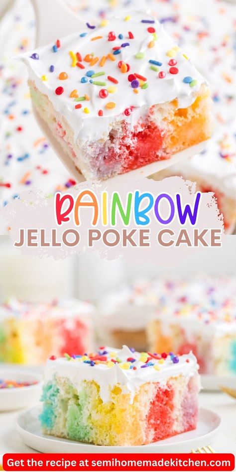 Ready to taste the rainbow? Our poke cake recipe combines the classic flavors of white cake with the vibrant hues of rainbow Jello, resulting in a delightful dessert that's as beautiful as it is delicious. Try it today! Rainbow Poke Cake, Jello Poke Cake Recipe, Jello Poke Cake, Poke Cake Jello, Rainbow Jello, Poke Cake Recipe, Jello Cake, Poke Cake Recipes, Semi Homemade