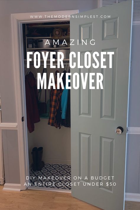 DIY foyer closet makeover under $50. Love the results and done in no time! Foyer Closet Makeover, Front Closet Makeover, Small Entry Closet Ideas, Coat Closet Design, Entry Closet Makeover, Hall Closet Makeover, Entry Closet Ideas, Entry Closet Organization, Diy Foyer