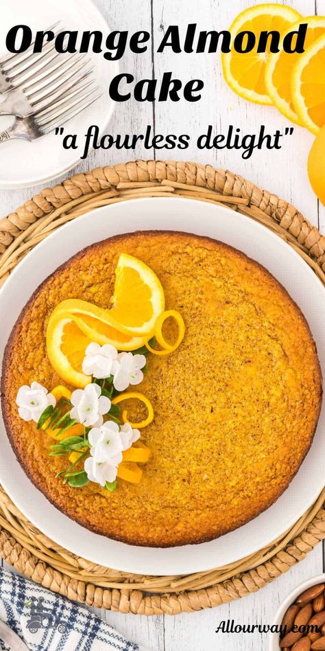 Pinterest image with title overl Gluten Free Orange Cake, Almond Orange Cake, Flourless Orange Cake, Italian Love Cake, Orange And Almond Cake, Italian Cream Cakes, Flourless Cake, Orange Cake Recipe, Almond Flavor