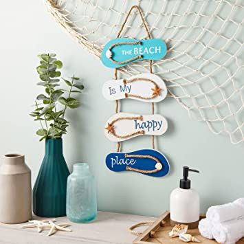 Juvale Wooden Beach Wall Hanging Decor Sign, Flip Flop Beachy Decorations for Home and Bathroom, The Beach is My Happy Place (8.5 x 20 In) Beach Theme Bathroom Decor, Happy Place Sign, Beach Decorations, Beach Is My Happy Place, Beach Wall Hanging, Bathroom Decor Signs, Decorating Flip Flops, Beach Theme Bathroom, Beach Bathroom Decor