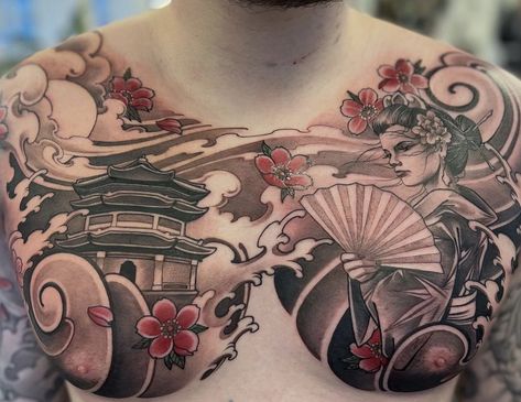 Japanese Chest Tattoo Design For Men, Japanese Style Chest Tattoo, Japan Chest Tattoo, Chinese Chest Tattoo, Shoulder Japanese Tattoo, Japanese Chest Piece, Japanese Chest Tattoo Design, Aiden Tattoo, Hayley Tattoo