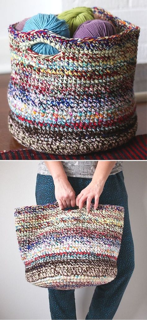 Use Up Yarn Stash, Crochet From Scraps, Yarn Basket Diy, Scrap Yarn Basket Pattern, Crochet Scrap Bag Free Pattern, Scrap Yarn Basket Crochet, Yarn Stash Buster Ideas, Crochet Projects With Wool Yarn, Stash Yarn Crochet Projects