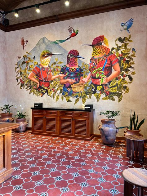 Local art, antigua Guatemala, Starbucks, been there, travel Latin American Aesthetic, Summer Home Interior, Latin Cafe, Guatemala Coffee, Monkey Shoulder, Mexican Restaurant Design, Mural Cafe, Starbucks Art, Mexican Paintings