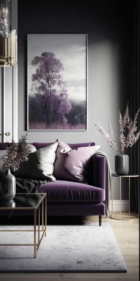 Grey And Lavender Living Room, Grey And Purple Living Room, Plum Living Room, Lilac Living Room, Lavender Living Room, Purple Living Room Ideas, Purple Interior Design, Purple Bedroom Decor, Purple Living Room