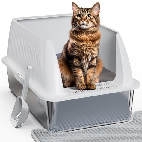 Petterm Stainless Steel Litter Box with Scoop and Mat, Large Cat Litter Box with Lid, Metal Litter Pan Tray with High Wall Sides Enclosure, Non-Sticky, Anti-Leakage, Easy Cleaning, litterrobot catlitterbox catlitter Cat Litter Box Enclosure, Litter Box Enclosure, Cat Essentials, Litter Mat, Cat Toilet, Litter Tray, Cat Box, Cat Litter Box, Large Cats