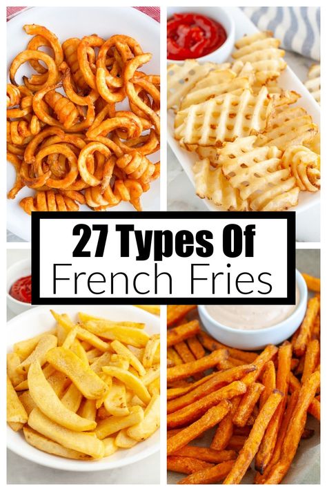 A collection of different types of french fries. From curly fries to cottage fries, there are 27 different types of fries for you to check out. Sidewinder Fries, Season Fries Recipe, Types Of French Fries, Cottage Fries, Best French Fries, Healthy Fries, Grill Food, Curly Fries, Fries Recipe