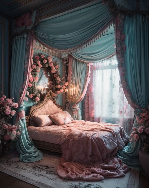 Sleeping Beauty Room Aesthetic, Spring Themed Bedroom, Blue Princess Bedroom, Fairytale House Interior, Spring Kingdom, Princess Theme Bedroom, Runaway Princess, Shared Bedroom Ideas, Fairytale Bedroom