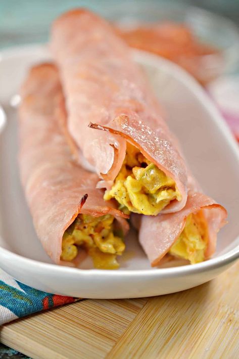 Breakfast Ham & Egg Rollups Breakfast Roll Ups, Breakfast Ham, Burrito Ingredients, Ham Roll Ups, Breakfast Roll, Easy Keto Breakfast, Kid Friendly Breakfasts, Ham Breakfast, Burrito Recipe